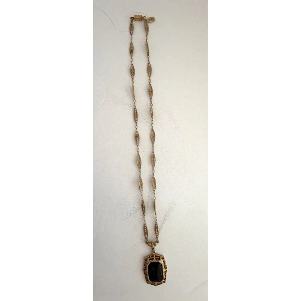 1928 Necklace Gold Tone Filigree Black Emerald Shaped Pendant